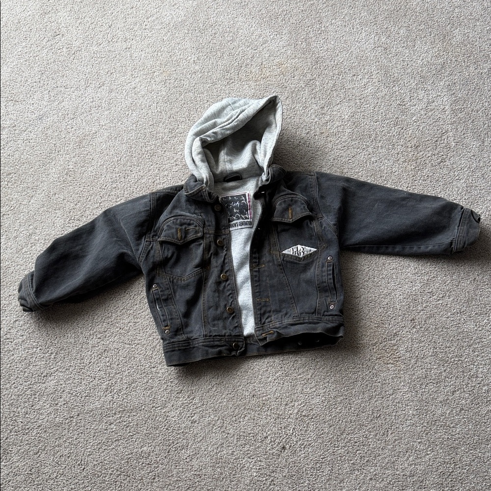 Tomorrow’s Generation FLY BOY size 10 Kids Black Denim Jacket with gray Hood
